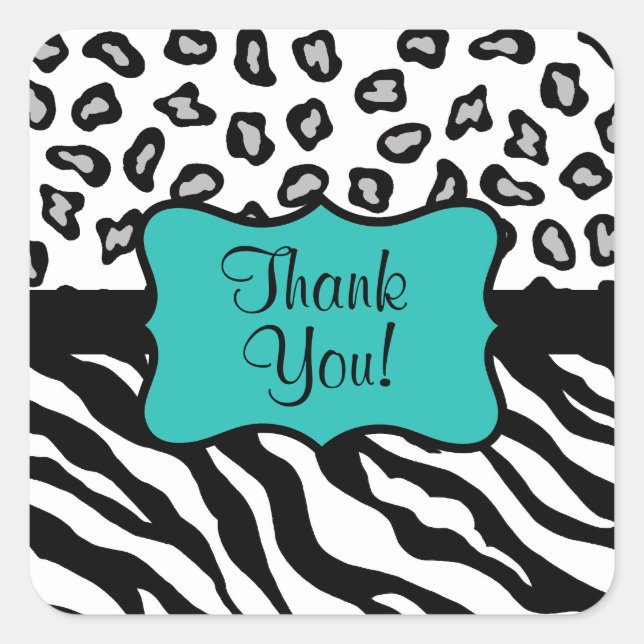 Black White Turquoise Zebra Leopard Skin Thank You Square Sticker (Front)