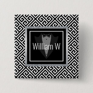 Black & white tuxedo, black bow, tie formal custom button