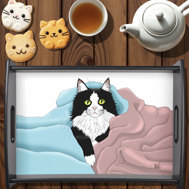 Black White Tuxedo Blankets Cute Blue Pink Serving Tray (Creator Uploaded)