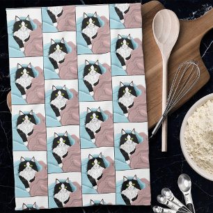 Black White Tuxedo Cat Blankets Cute Blue Pink  Kitchen Towel