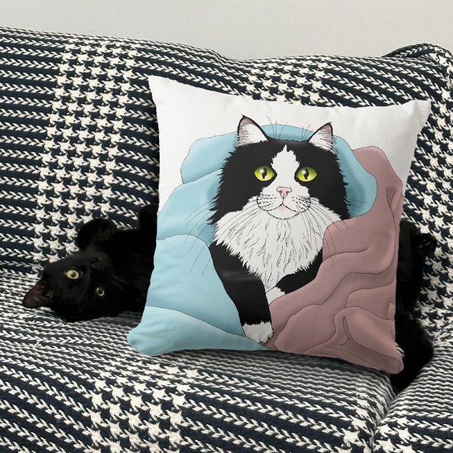 Black White Tuxedo Cat Blankets Cute Blue Pink  Throw Pillow (Creator Uploaded)