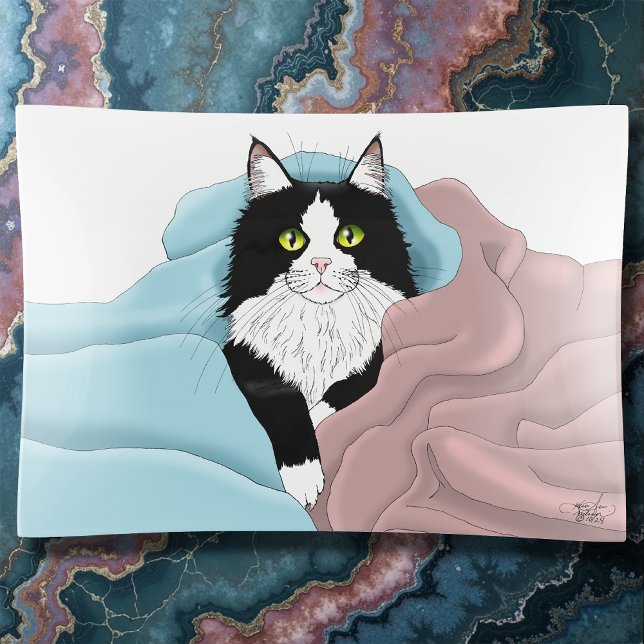 Black White Tuxedo Cat Blankets Cute Blue Pink Trinket Tray (Creator Uploaded)
