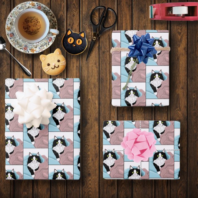 Black White Tuxedo Cat Blankets Cute Blue Pink  Wrapping Paper Sheets (Creator Uploaded)
