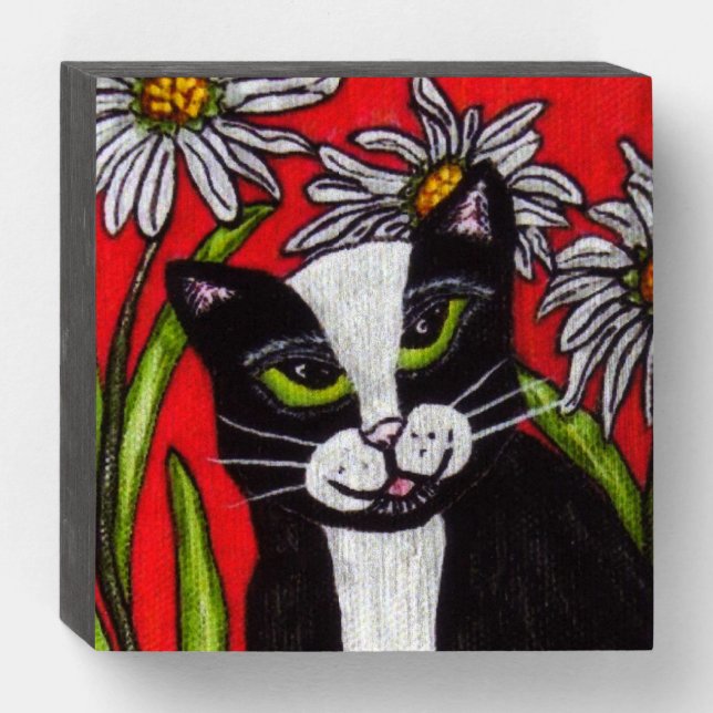 Black White Tuxedo Cat Daisy Flowers Red Wooden Box Sign (Front Horizontal)