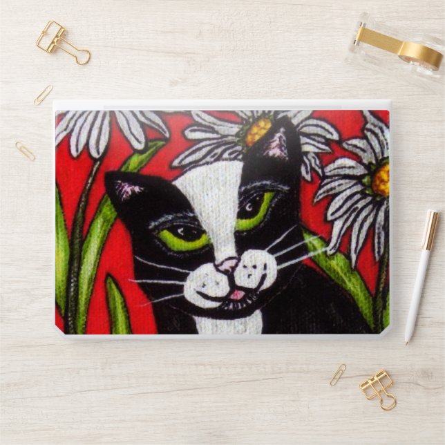 Black White Tuxedo Cat Face White Daisies Red HP Laptop Skin (Desk)