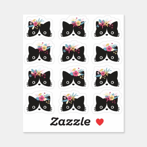 Black  White Tuxedo Cat Faces With Floral Crowns Sticker
