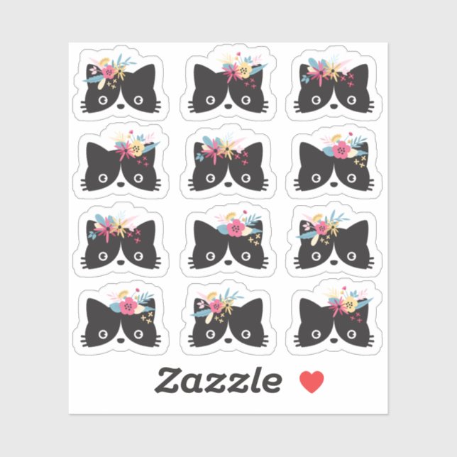 Black & White Tuxedo Cat Faces With Floral Crowns Sticker (Sheet)