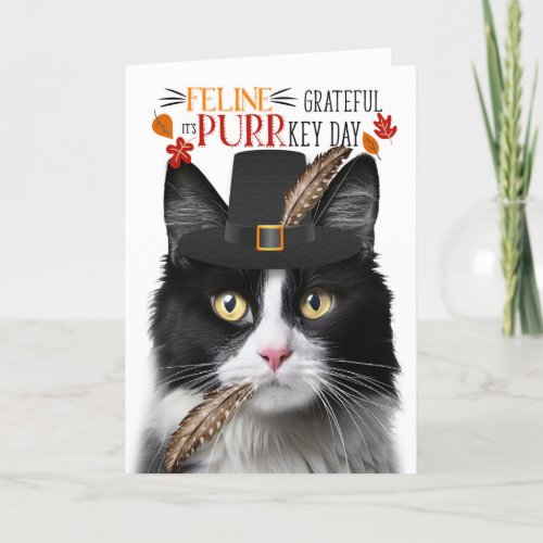 Black White Tuxedo Cat Grateful PURRkey Day Holiday Card