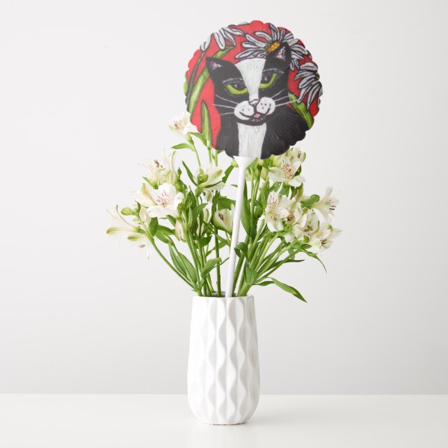 Black White Tuxedo Cat Green Eyes Daisy Flowers Balloon (Vase)