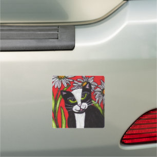 Black White Tuxedo Cat Green Eyes Daisy Flowers Car Magnet