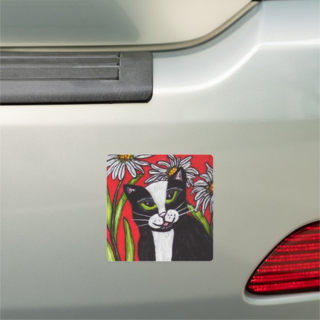 Black White Tuxedo Cat Green Eyes Daisy Flowers Car Magnet (In Situ)