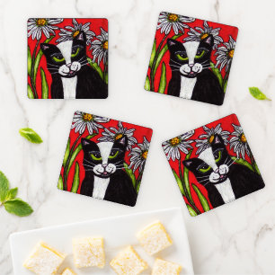Black White Tuxedo Cat Green Eyes White Daisies Coaster Set