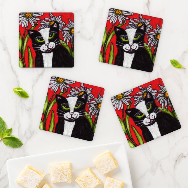 Black White Tuxedo Cat Green Eyes White Daisies Coaster Set (In Situ)