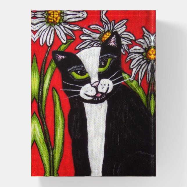 Black White Tuxedo Cat Green Eyes White Daisies Paperweight (Vertical)