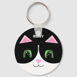 Black & White Tuxedo Cat Happy Face Keychain