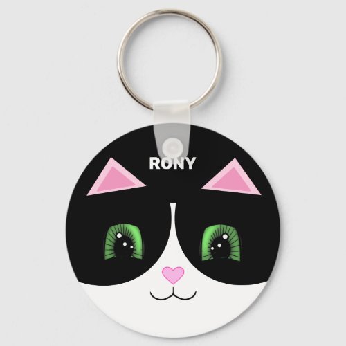 Black  White Tuxedo Cat Happy Face Keychain