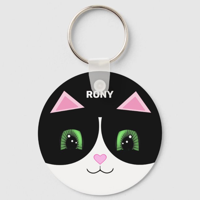 Black & White Tuxedo Cat Happy Face Keychain (Front)