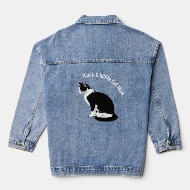 Black & White Tuxedo Cat Personalized Denim Jacket (Back)