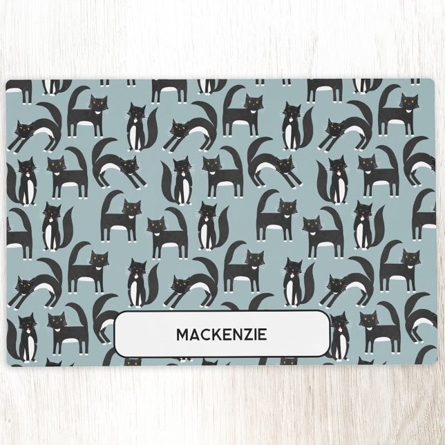 Black White Tuxedo Cat Personalized Pet Food Mat (Fun black and white tuxedo cat personalized custom name pet feeding mat)