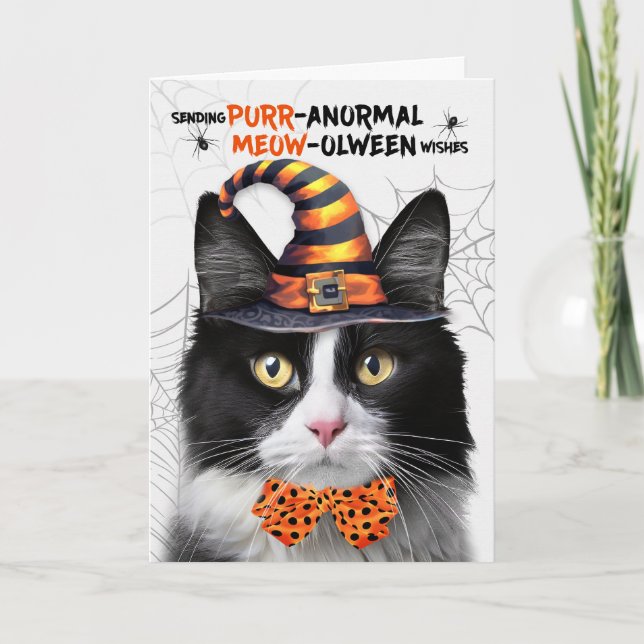 Black White Tuxedo Cat PURRanormal MEOWolween Holiday Card (Front)
