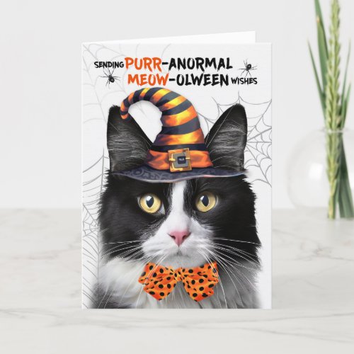 Black White Tuxedo Cat PURRanormal MEOWolween Holiday Card