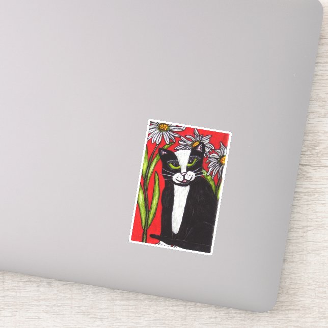 Black White Tuxedo Cat Sitting in Daisies Red Sticker (Detail)