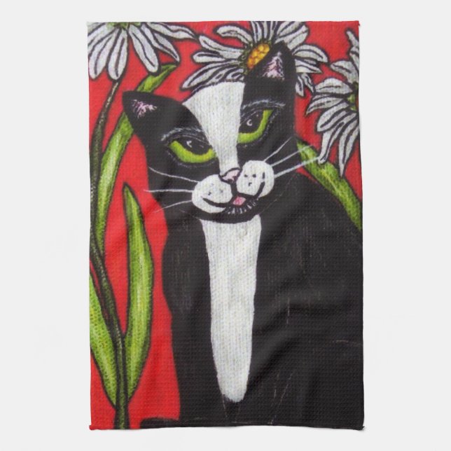 Black White Tuxedo Cat White Daisies Red Towel (Vertical)