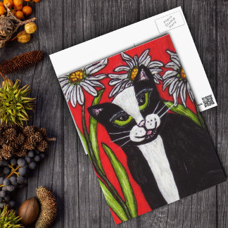 Black White Tuxedo Cat White Daisies Vibrant Red Postcard