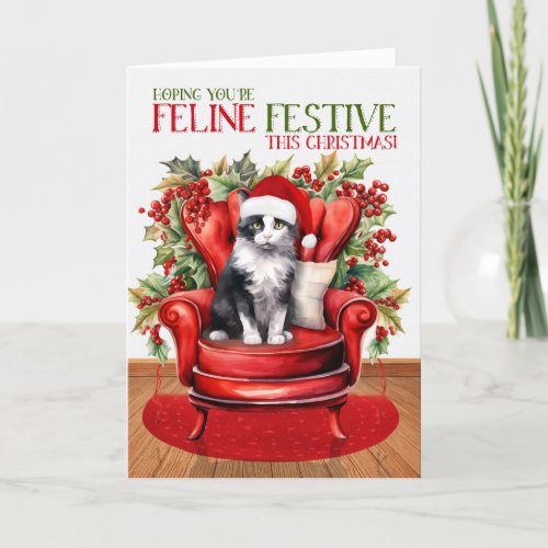 Black White Tuxedo Christmas Cat FELINE Festive Holiday Card