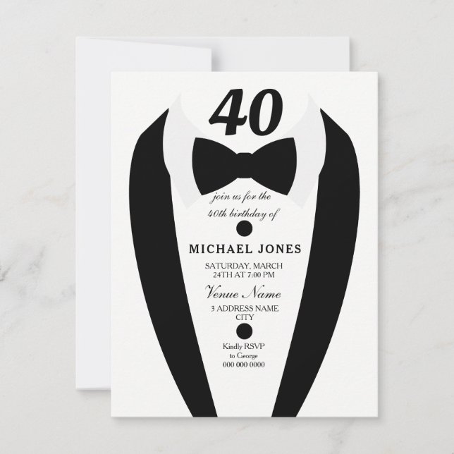 Black white Tuxedo Mens 40th Birthday Party Invite (Front)