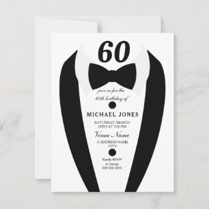Black white Tuxedo Mens 60th Birthday Party Invite
