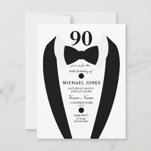 Black white Tuxedo Mens 90th Birthday Party Invite