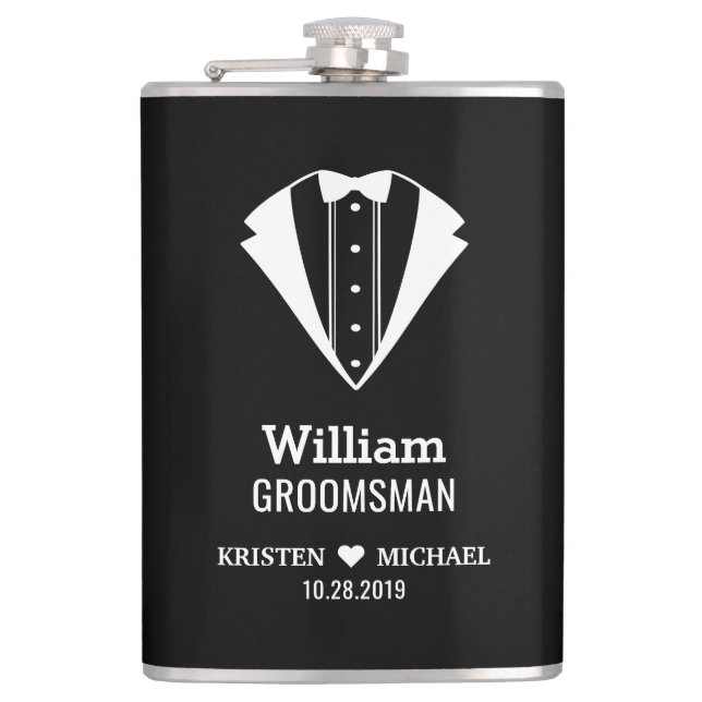 Black White Tuxedo Suit Groom Groomsman Wedding Flask (Front)