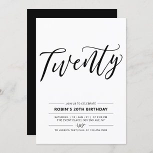 Black & White Twenty Minimal 20th Birthday Party Invitation