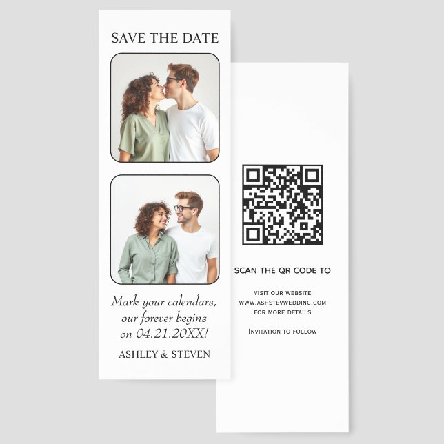 Black, white two photos Save the Date QR code Bookmarks (Front & Back)