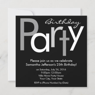 Black White Type Square Birthday Party Invitation