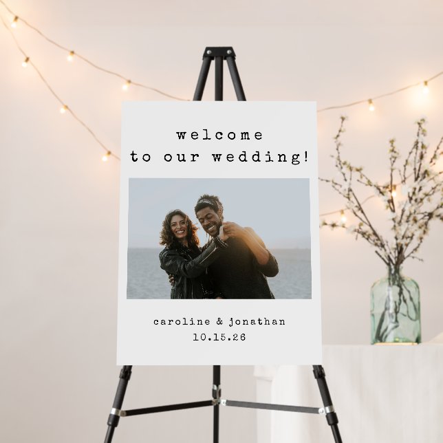 Black White Typewriter Wedding Welcome Photo Sign (In Situ (Stand))