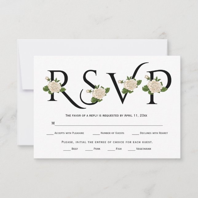 Black, white typography and white roses RSVP card (Front)