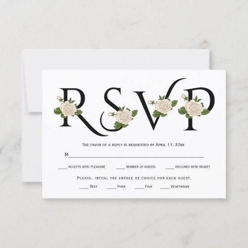 Black white typography and white roses RSVP card