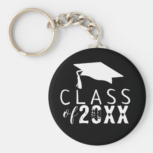 Black & White Typography Class of Graduation Keychain - Modern Black & White Typography Class of Graduation keychain. Trendy white typography on a black background with a white graduation cap. Customize with the year number. Make a great gift and keepsake for a graduate.