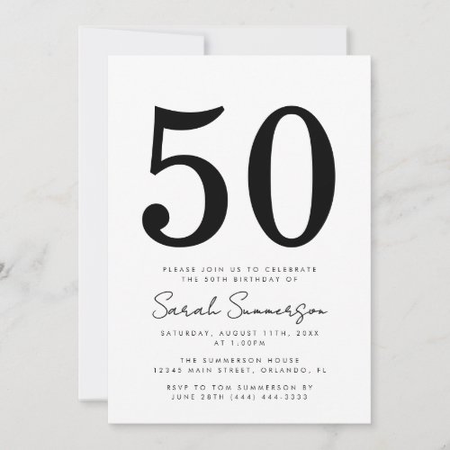 Black White Typography Fifty 50th Birthday Party Invitation