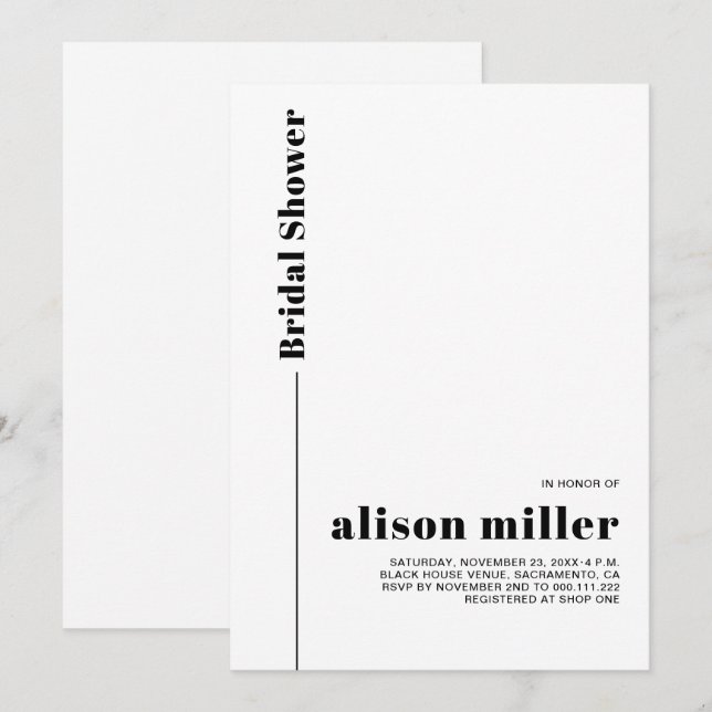 Black, white typography minimalist bridal shower invitation (Front/Back)