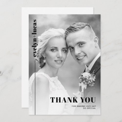 Black white typography minimalist photo wedding thank you card