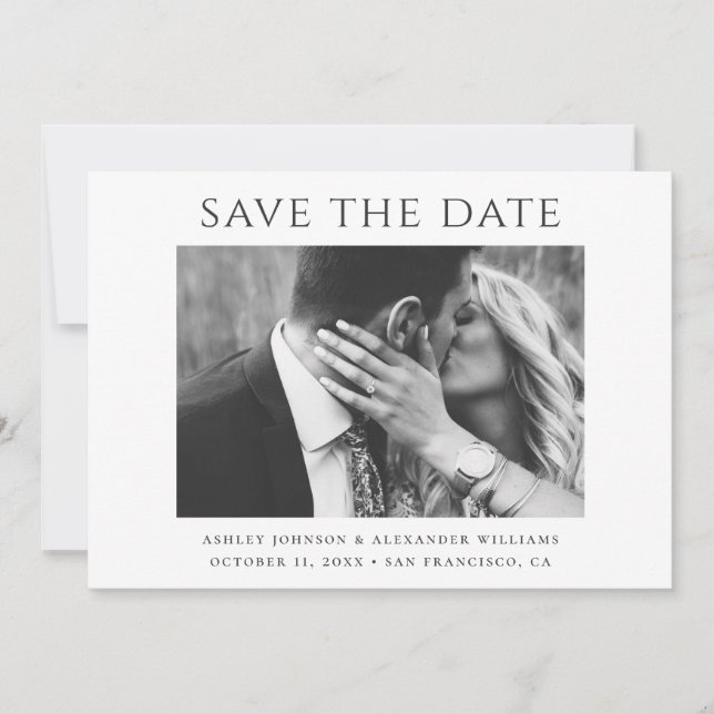 Black & White Typography. Minimalist Wedding Photo Save The Date (Front)