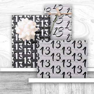  Black White Typography Numbers 13th Birthday Wrapping Paper Sheets