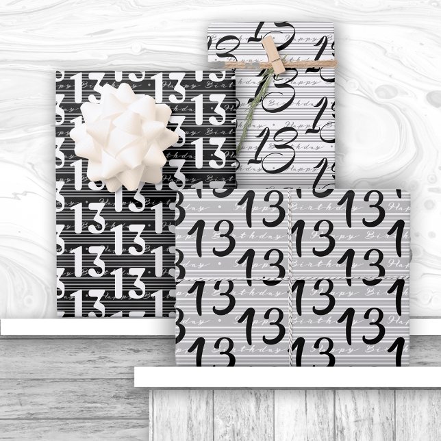 Black White Typography Numbers 13th Birthday Wrapping Paper Sheets (Creator Uploaded)