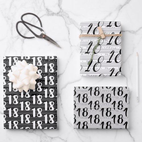  Black White Typography Numbers 18th Birthday Wrapping Paper Sheets
