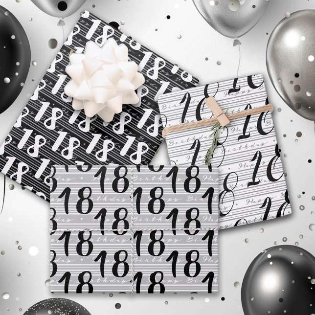  Black White Typography Numbers 18th Birthday Wrapping Paper Sheets (Creator Uploaded)