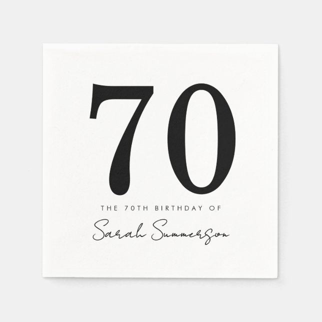 Black White Typography Seventy Name 70th Birthday Napkins (Front)