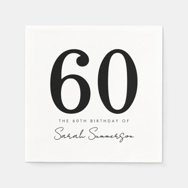 Black White Typography Sixty Name 60th Birthday Napkins (Front)